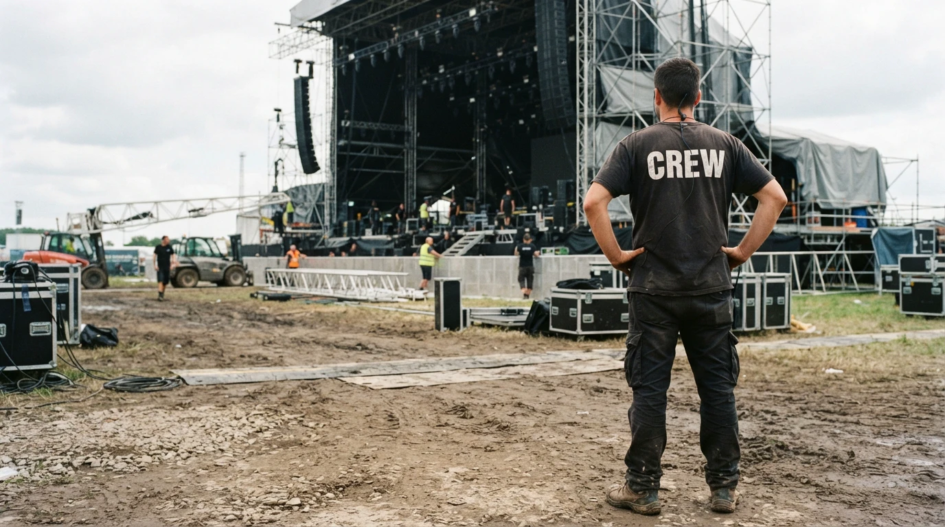 Back of a black crew shirt with the word CREW at a festival site