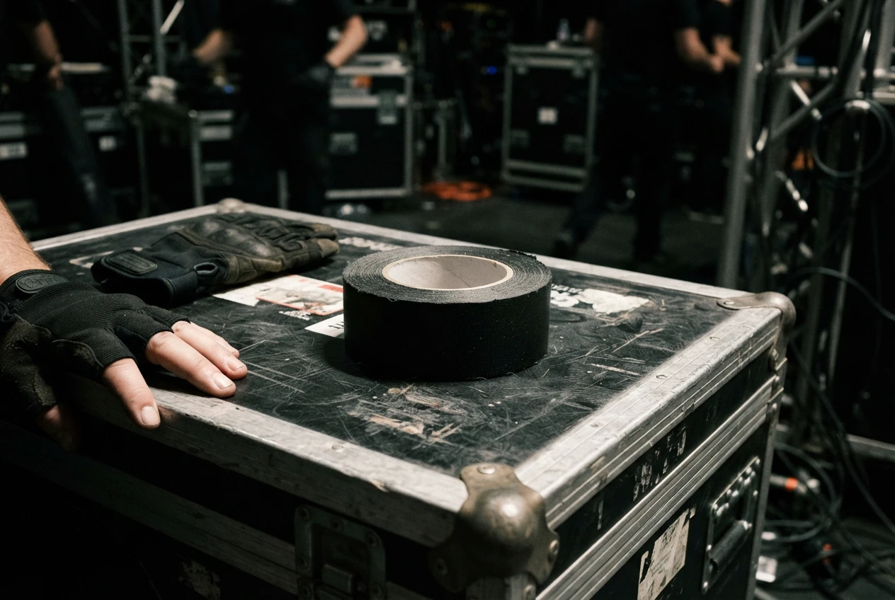 Rol zwarte gaffa tape op een flightcase, vast onderdeel van elke crewzak